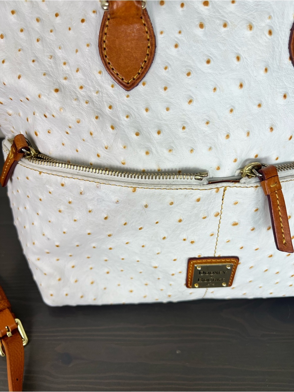 Dooney & Bourke White Ostrich Embossed Leather Satchel Tote Bag - Picture 2 of 16